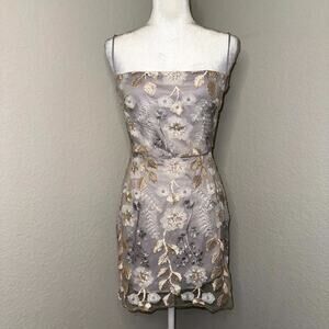 Lucy In The Sky Mini Dress Women's M Purple Gold Floral Mesh Overlay Coquette